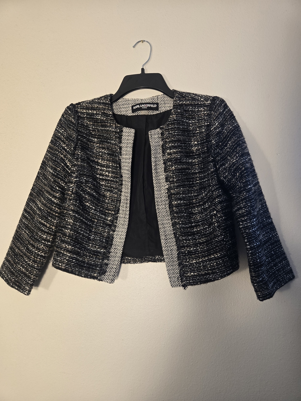 Karl Lagerfeld Black & White Tweed Open-Front Jacket